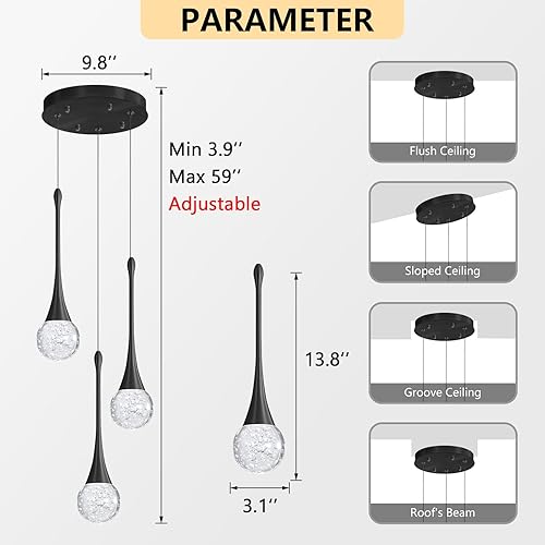 Miniatura 2 de cenzoz - Lámpara colgante moderna de 3 luces para isla de cocina, LED, regulable, cristal glamuroso, lámpara colgante de techo para comedor, Negro