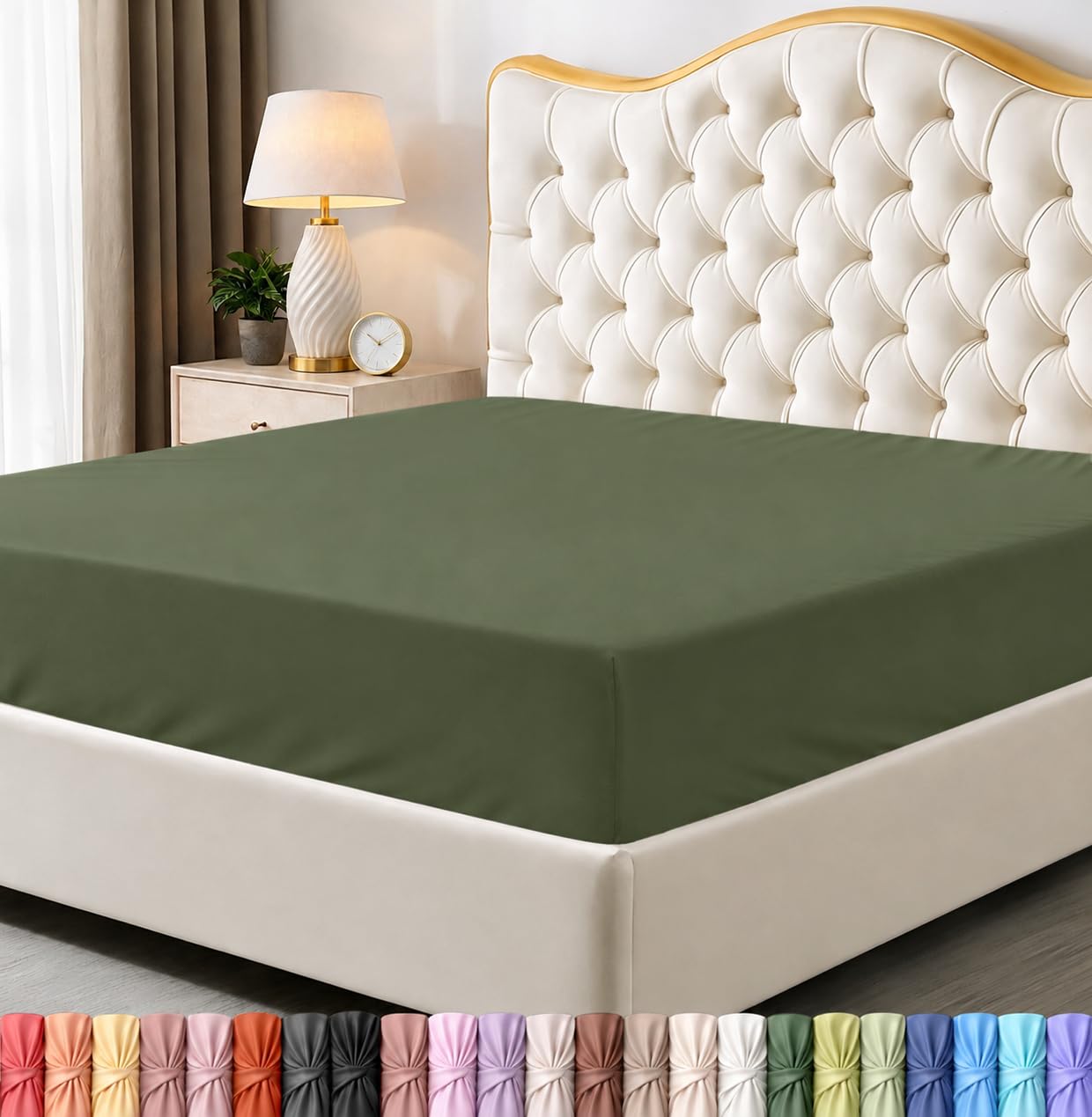 Queen Fitted Sheet, Ultra Soft Fits Up to 15 Inch Deep Pocket, Olive Green — image 1