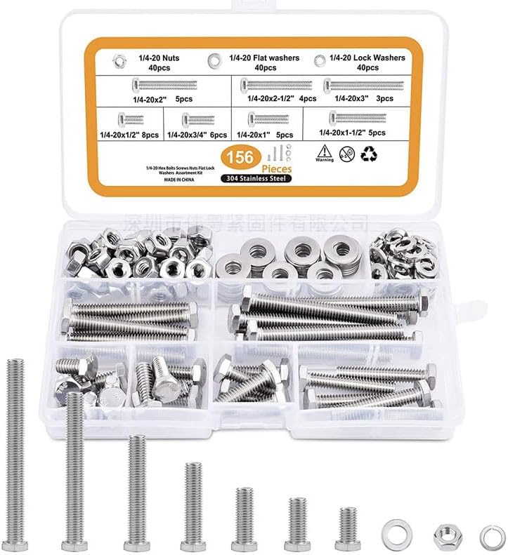 156pcs 1/4-20 304 stainless steel outer hexagon bolt with nut flat spring washer set box