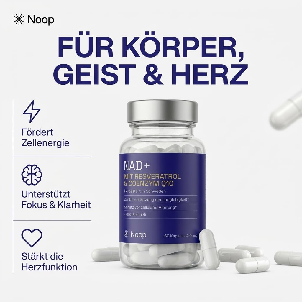 NOOP NAD Plus Kapseln Hochdosiert 900mg Premium NAD+ Komplex mit Trans-Resveratrol & Coenzym Q10 - Anti Aging Supplement mit 60 Vegane Kapseln und Laborgetestet, Made in Schweden