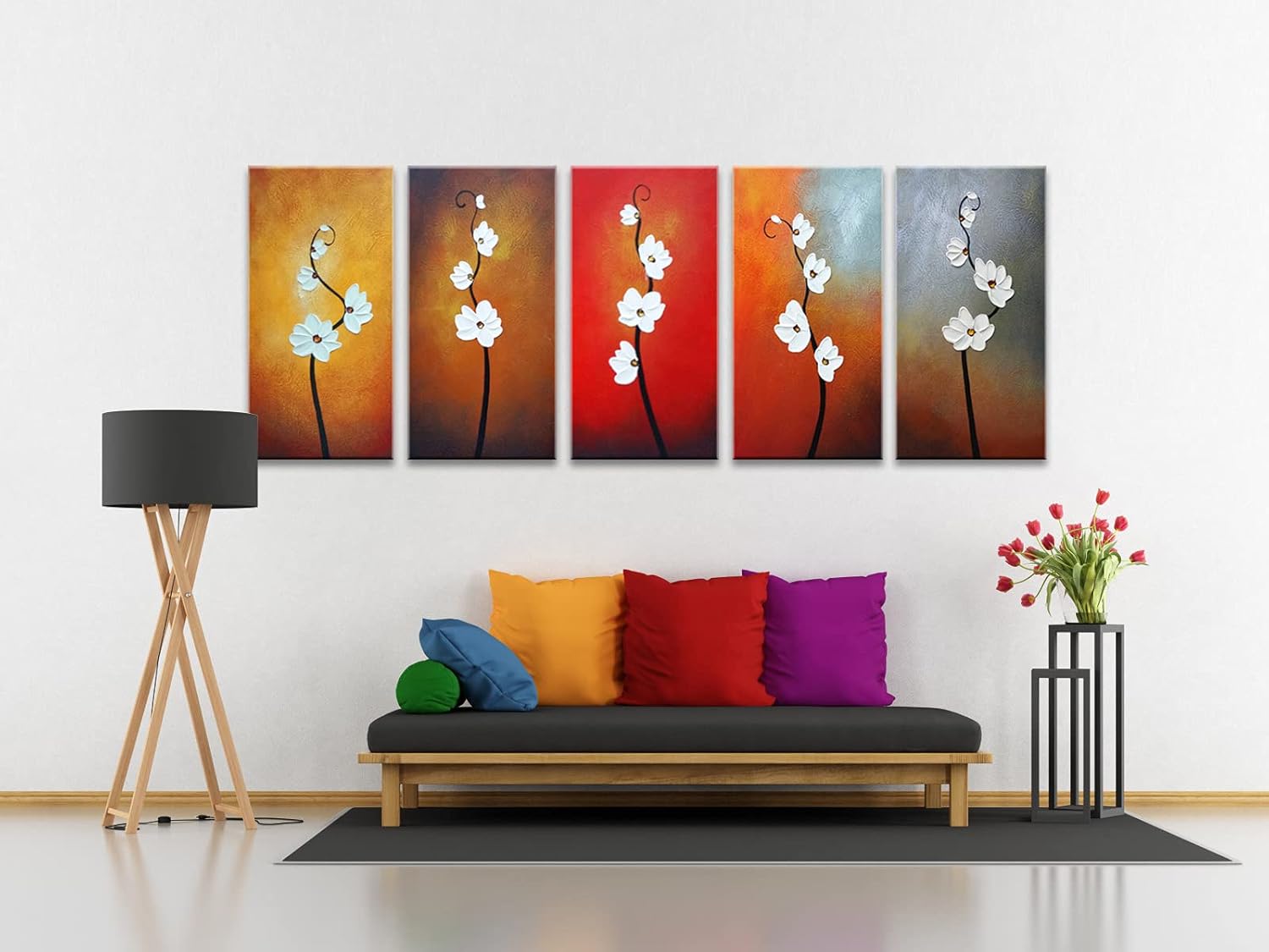 Wieco Art Colorful Flowers Oil Painting on Canvas Wall Art Ready to Hang for Living Room Bedroom Home Decoration Modern 5 Piece 100% Hand Painted Gallery Wrapped Contemporary Abstract Floral