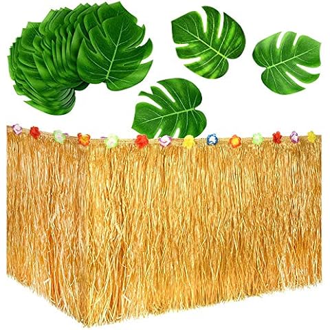 Jackcell Luau Grass Table Skirt 9ft for Hawaiian Party, Moana Theme Tropical Birthday Party Babyshower Decorations Supplies,Drop artificial Table Skirt with 12 pcs Palm Leaves (Grass Yellow) Cover
