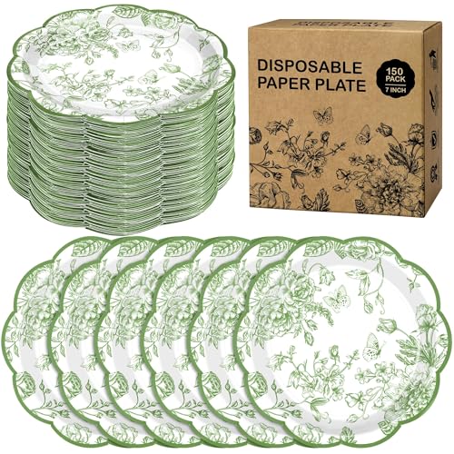 Kochorie 150 Pieces Sage Green Flower Paper Plates 7 Inches Disposable Floral Paper Plates Scalloped Sage Green Chinoiserie Vintage Flower Dessert Plate for Wedding Birthday Holiday Party Supplies