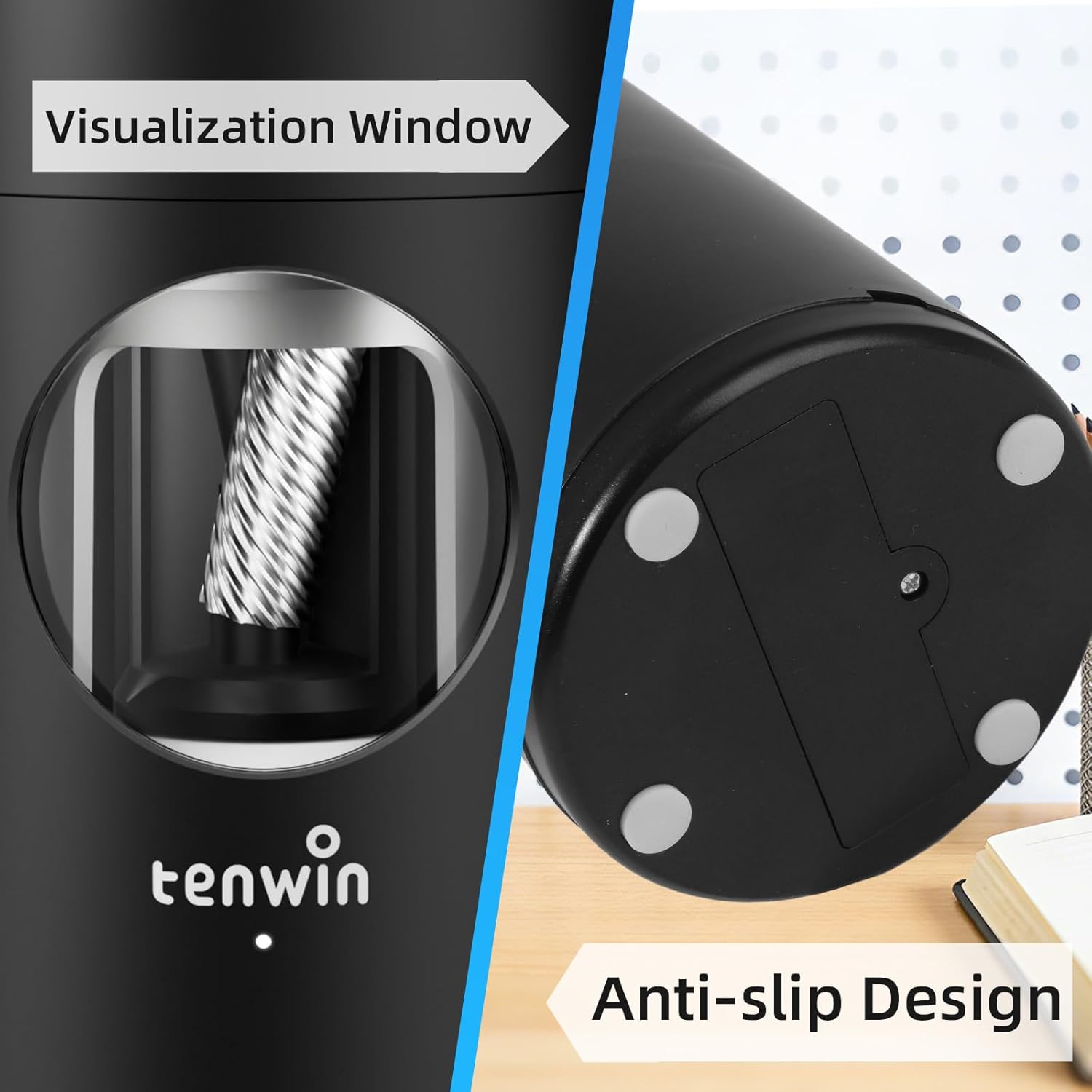 Rechargeable Electric Pencil Sharpener, Fully Automatic Pencil Sharpener for 7-11.5mm Pencils, Hands-Free Sharpener for Colored Pencils, Auto in&Out, Adjustable Pencil Nibs, Black