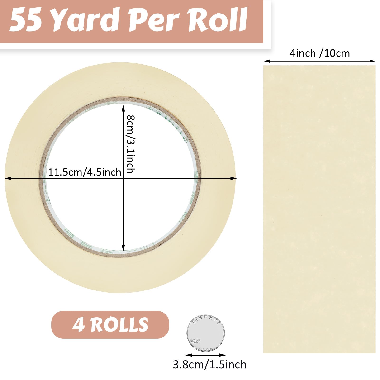 Lot de 4 rouleaux de ruban de masquage à usage général de 50 m pour peinture, maison, bureau, école, papeterie, loisirs créatifs, utilisation de base (4 rouleaux, 10,2 cm)