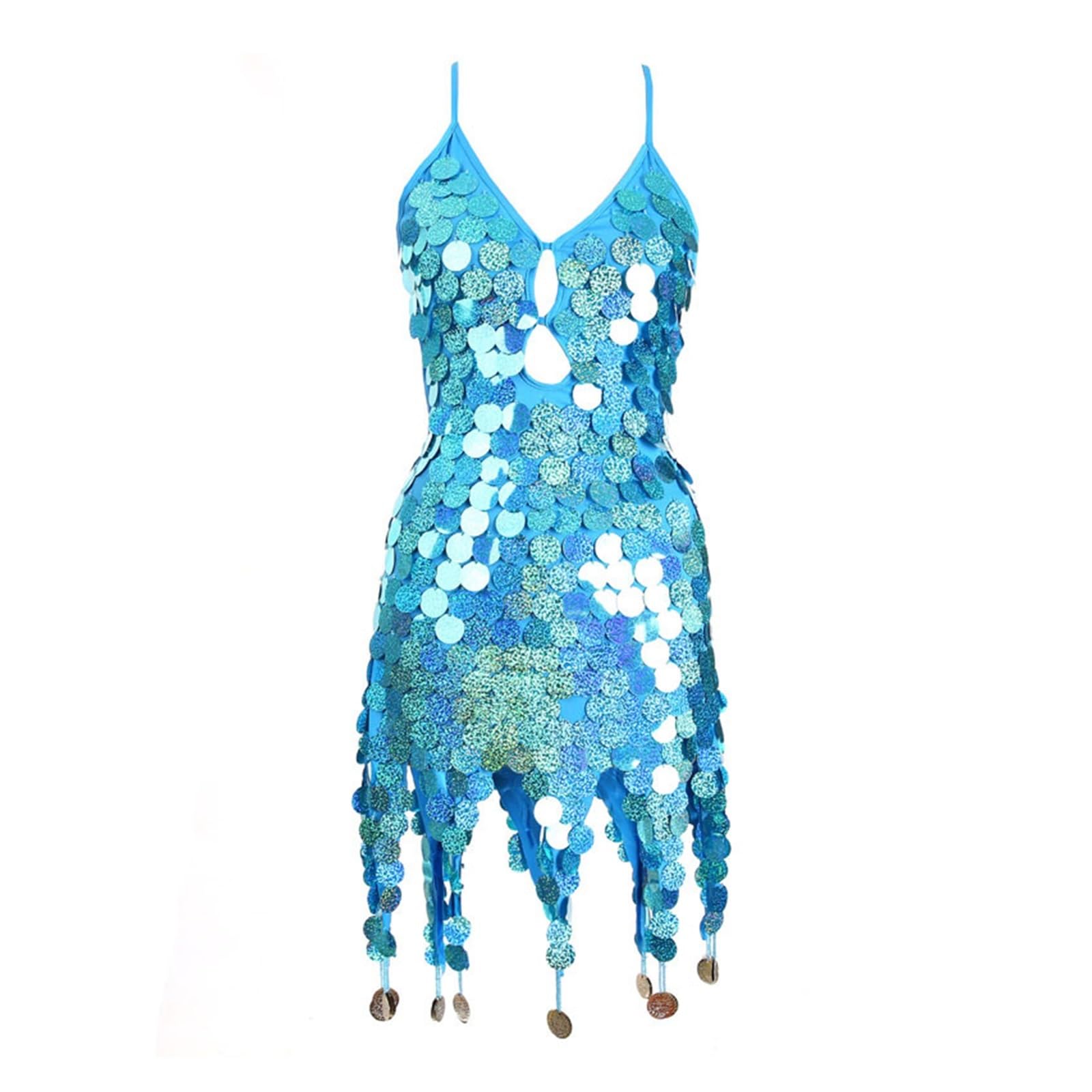 HKYBCF Sequin Fringe Dress Women Sequin Fish Scales Tassel Dress Belly Dance Performance Sparkly Dress Festival Clothes Rave Party Costume(Color:Light Blue)