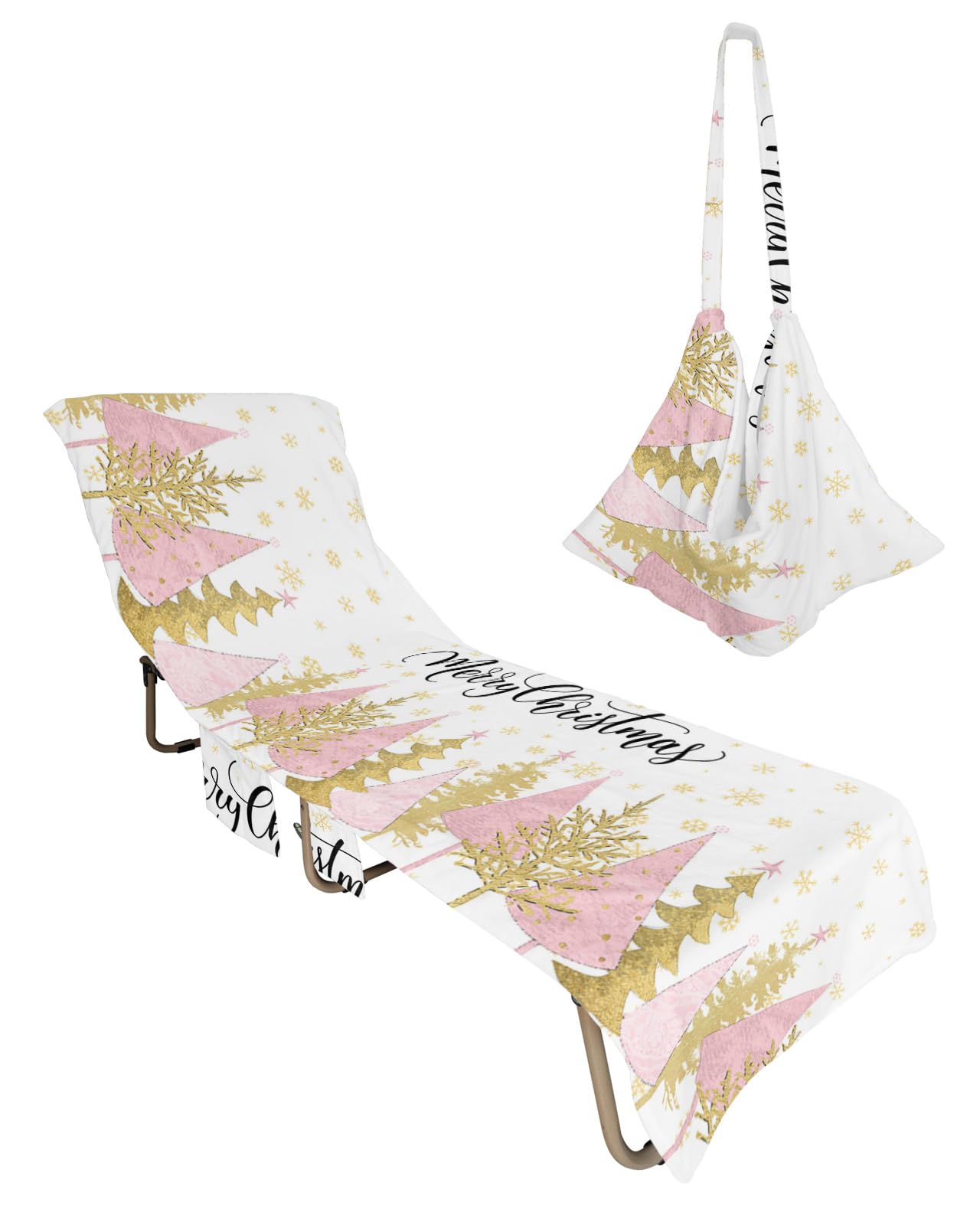 Pink Xmas Tree Beach Chair Towel Covers for Chaise Lounge with Side Pocket, Soft Plush Pool Towels Cover for Patio Sunbathing Outdoor 29''x85'' Christmas Star Golden Snowflake