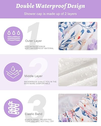 Miniatura 3 de Aquior Gorro de ducha impermeable de doble capa para mujer, gorro de ducha grande reutilizable para todas las longitudes de cabello con forro de