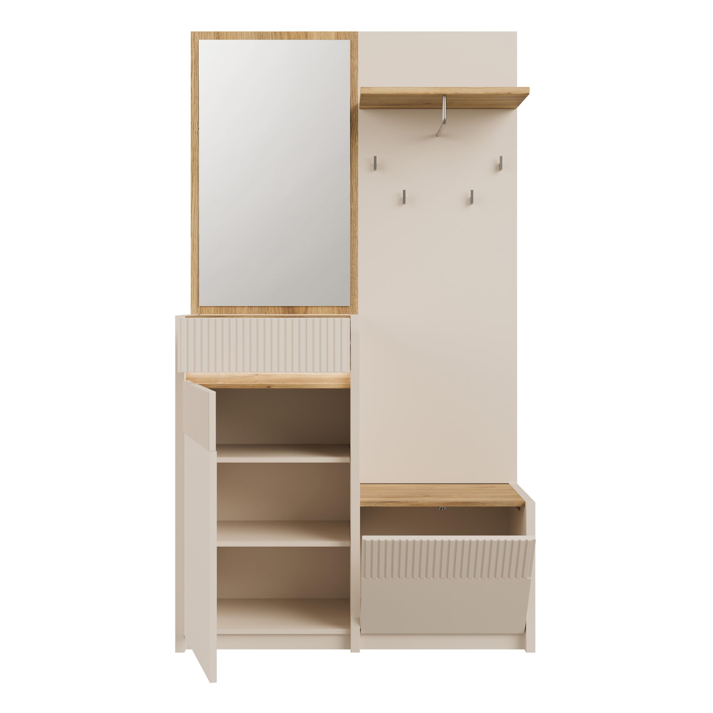 Forte Oak SQUERE Garderobe 100 110, Elegante Garderobe mit Spiegel, Kleiderstange und Aufbewahrung, Holzwerkstoff, Mauvella Eiche Holzdekor/Sand, 108,4 cm breit x 195,9 cm hoch x 41,7 cm tief