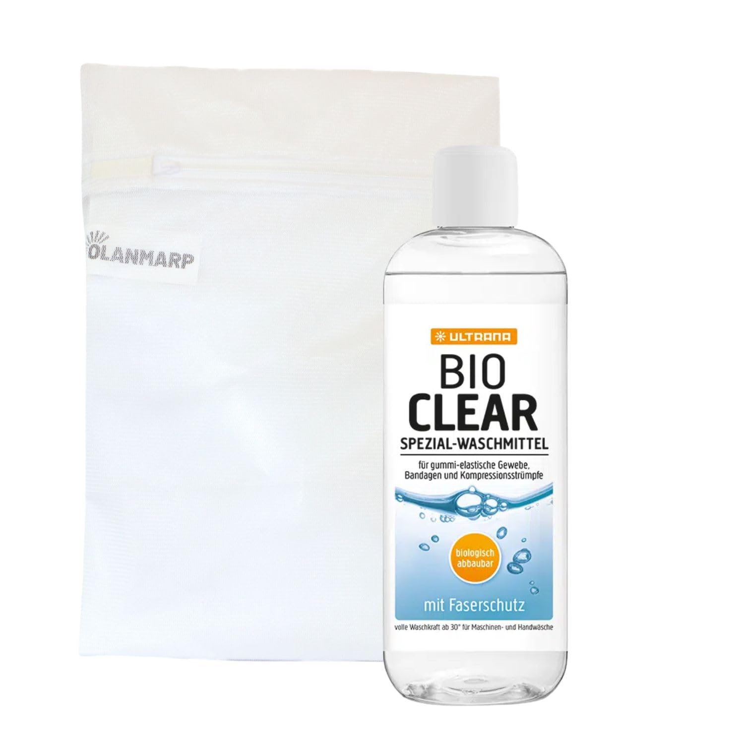 Ultrana - Detersivo per calze a compressione, detergente speciale per calze a compressione, organico trasparente, per biancheria a compressione e calze di supporto + rete per bucato Olanmarp – Made in
