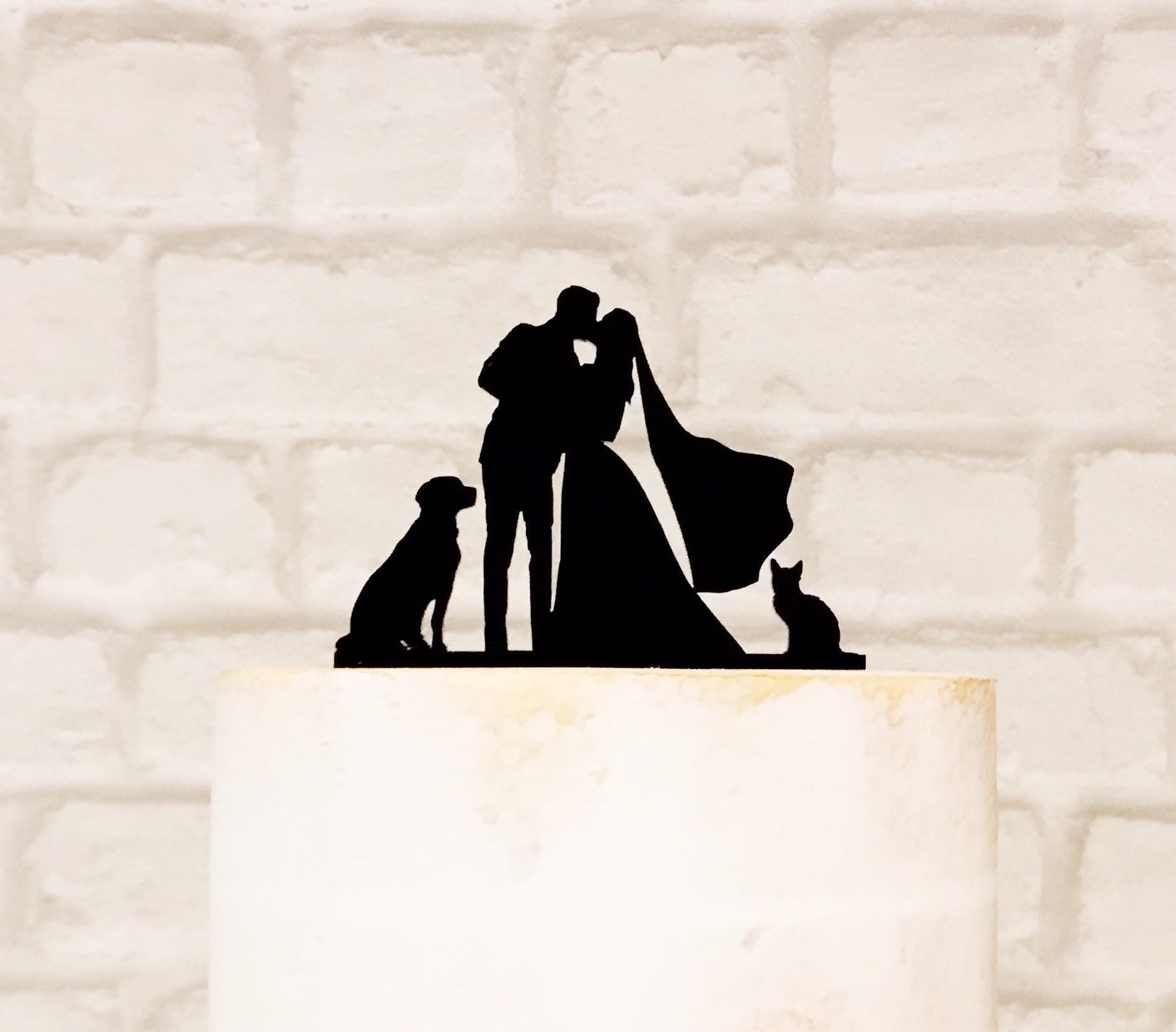 Labrador and Cat Silhouette Wedding Cake Topper,Bride with Veil,Mr & Mrs Cake Topper,Bride and Groom,Custom Cake Topper,Acrylic Silhouette Wedding Engagement Anniversary Party Decoration