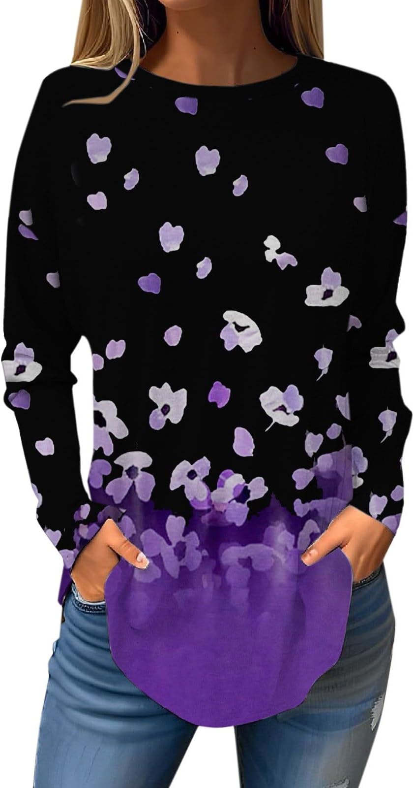 Spring Tops for Women UK Clearance 2025 Fashion Long Sleeve Crewneck Floral Print Shirts Casual Plus Size Lightweight Daily Blouse Trendy Comfy Y2k Lightweight Tunic Pullover T Shirts