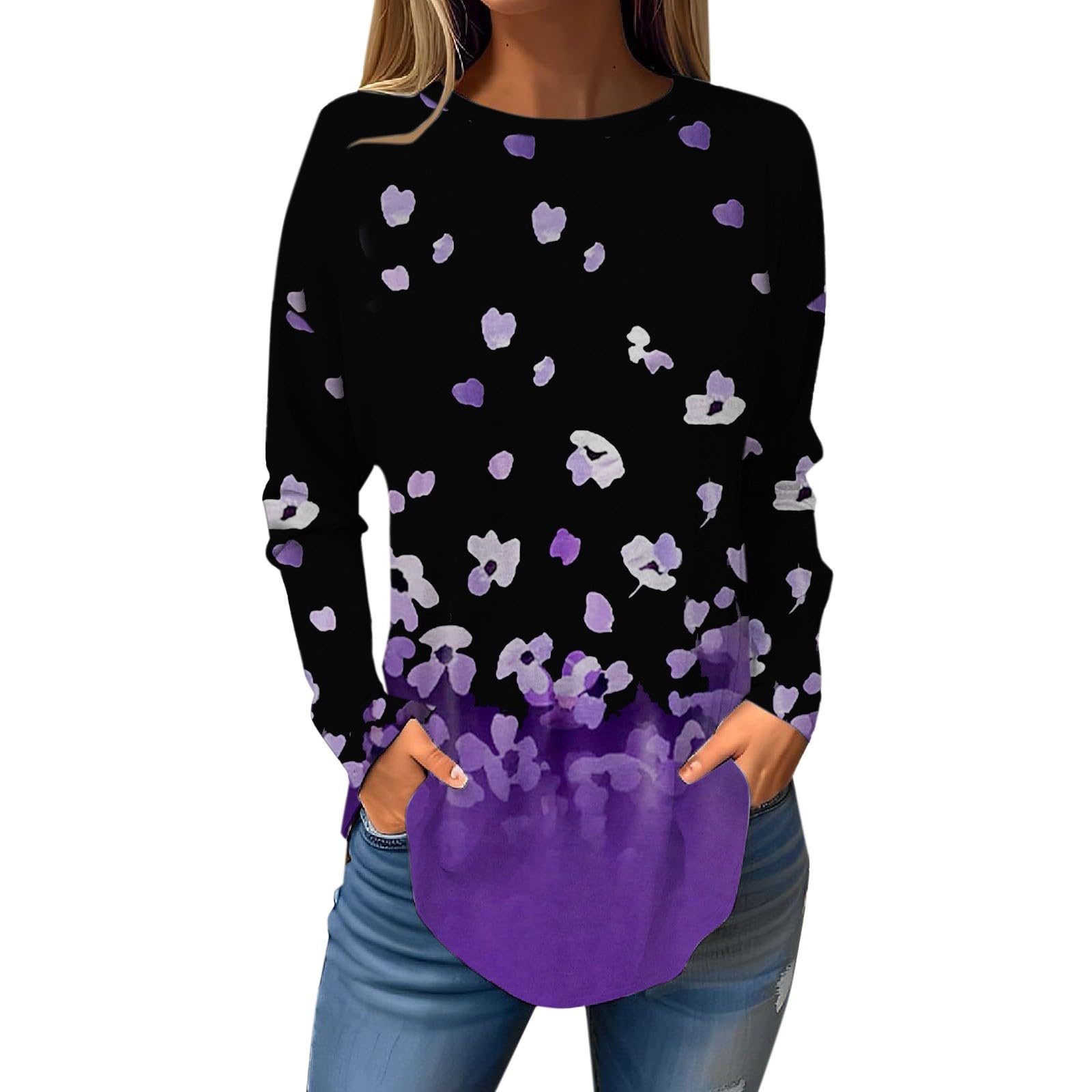 Spring Tops for Women UK Clearance 2025 Fashion Long Sleeve Crewneck Floral Print Shirts Casual Plus Size Lightweight Daily Blouse Trendy Comfy Y2k Lightweight Tunic Pullover T Shirts