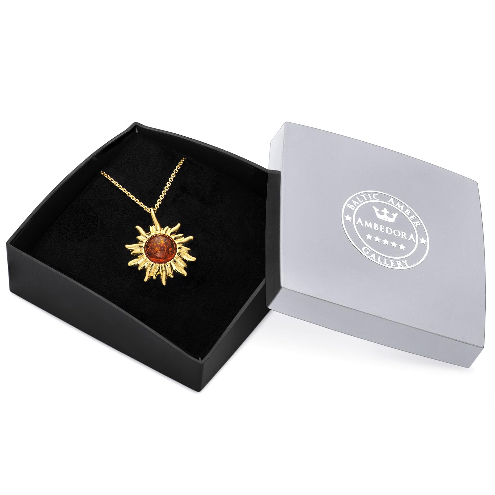Collana Donna Piccolo Sole Con Ambra, Argento Placcato Oro, Ambra Baltica Rotonda Color Cognac, Ciondolo in Argento con Catenella