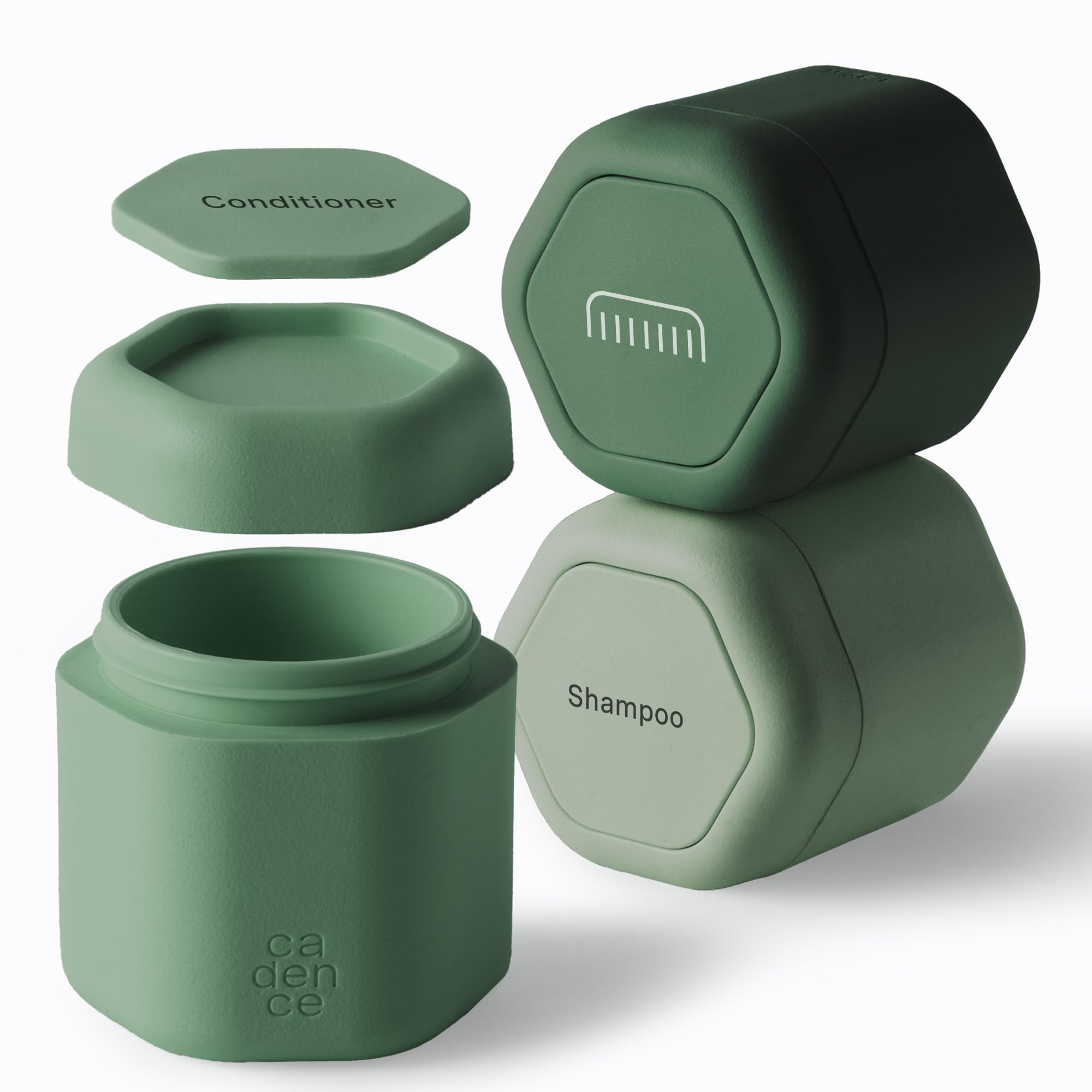 Cadence Reisebehälter Haarpflege-Kapsel-Set – magnetische Behälter mit Deckel, Reiseutensilien für Damen/Herren – 3 Flex-Medien (37,4 g) – Shampoo, Conditioner und Kamm-Symbol-Etiketten – immergrün