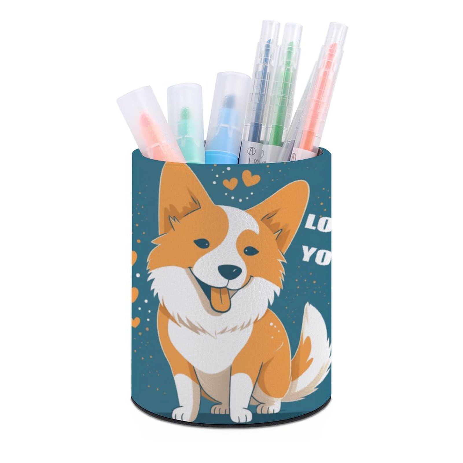 JTREHY Round Pen Holder,Corgi I Love You Printed Makeup Brush Storage Box for Home Office Dressing Table
