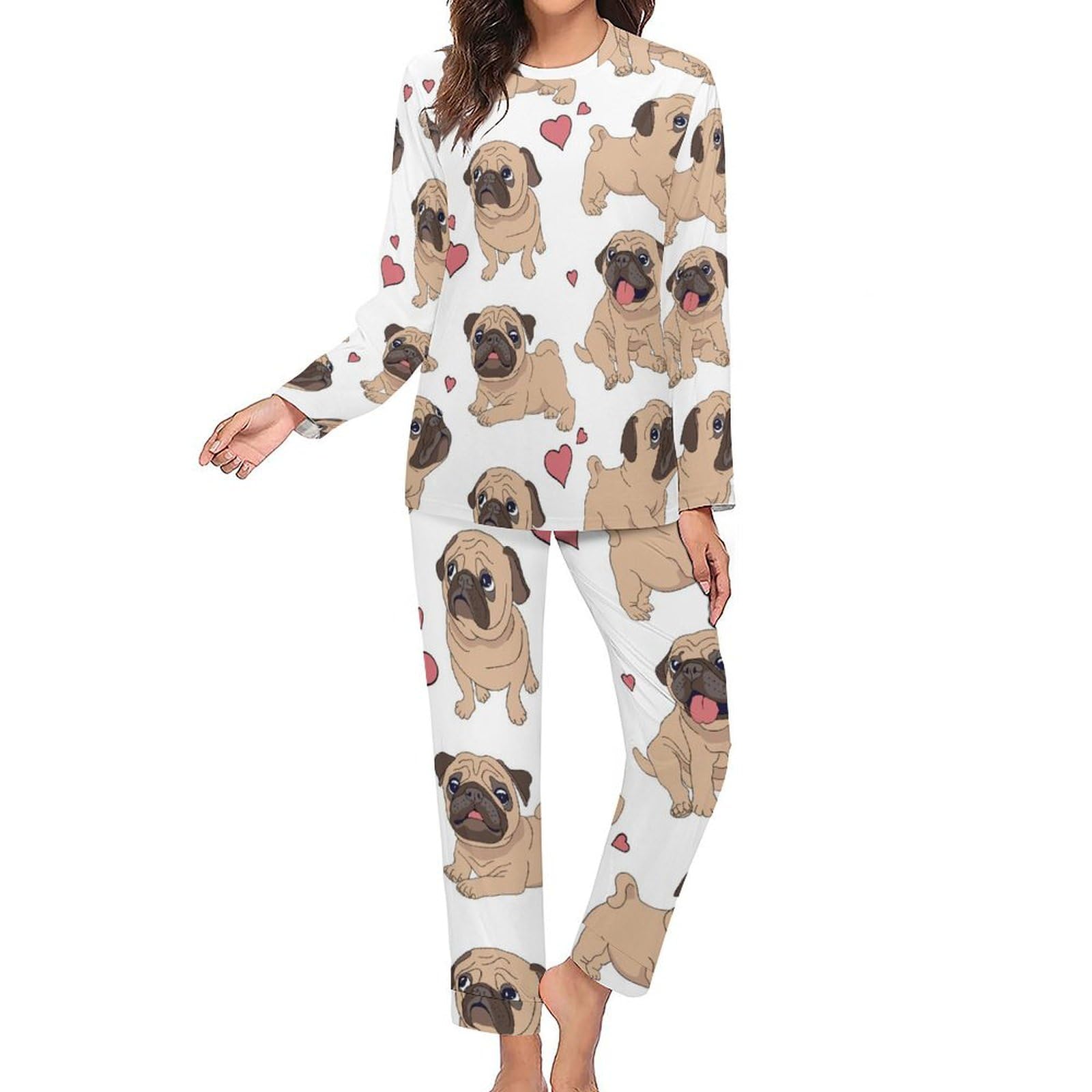 Weiß Braun Mops Damen Schlafanzug Lange Pyjama Set Zweiteiliger Nachtwäsche Langarm Hausanzug Sleepwear