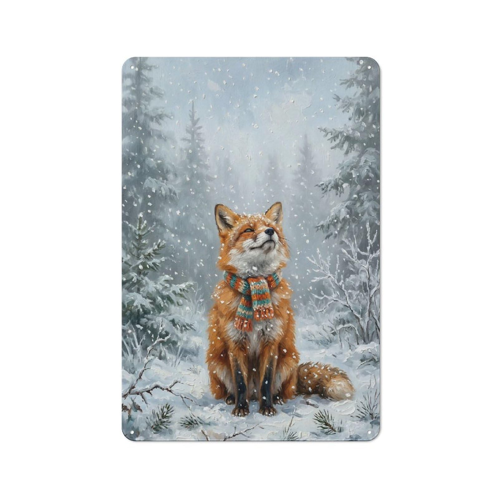 Junmoney Style-20 Fox In A Winter Forest Rustic Metal Sign 30X20cm For Pub Or Café, For Collectors Of Rustic Metal Wall Decor