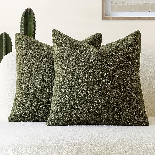 Image of Foindtower Pack of 2, Curly Faux Fur Decorative Throw Pillow Covers Soft Fuzzy Plush Cushion Case with Zipper Cozy Pillowcase for Home Living Room Couch Bed Sofa 16 x 16 Inch, Moss Green