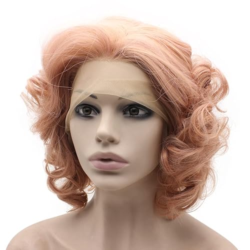 Mxangel - Peluca de cabello sintético corto y rizado con encaje frontal, color rosa y rosa, resistente al calor