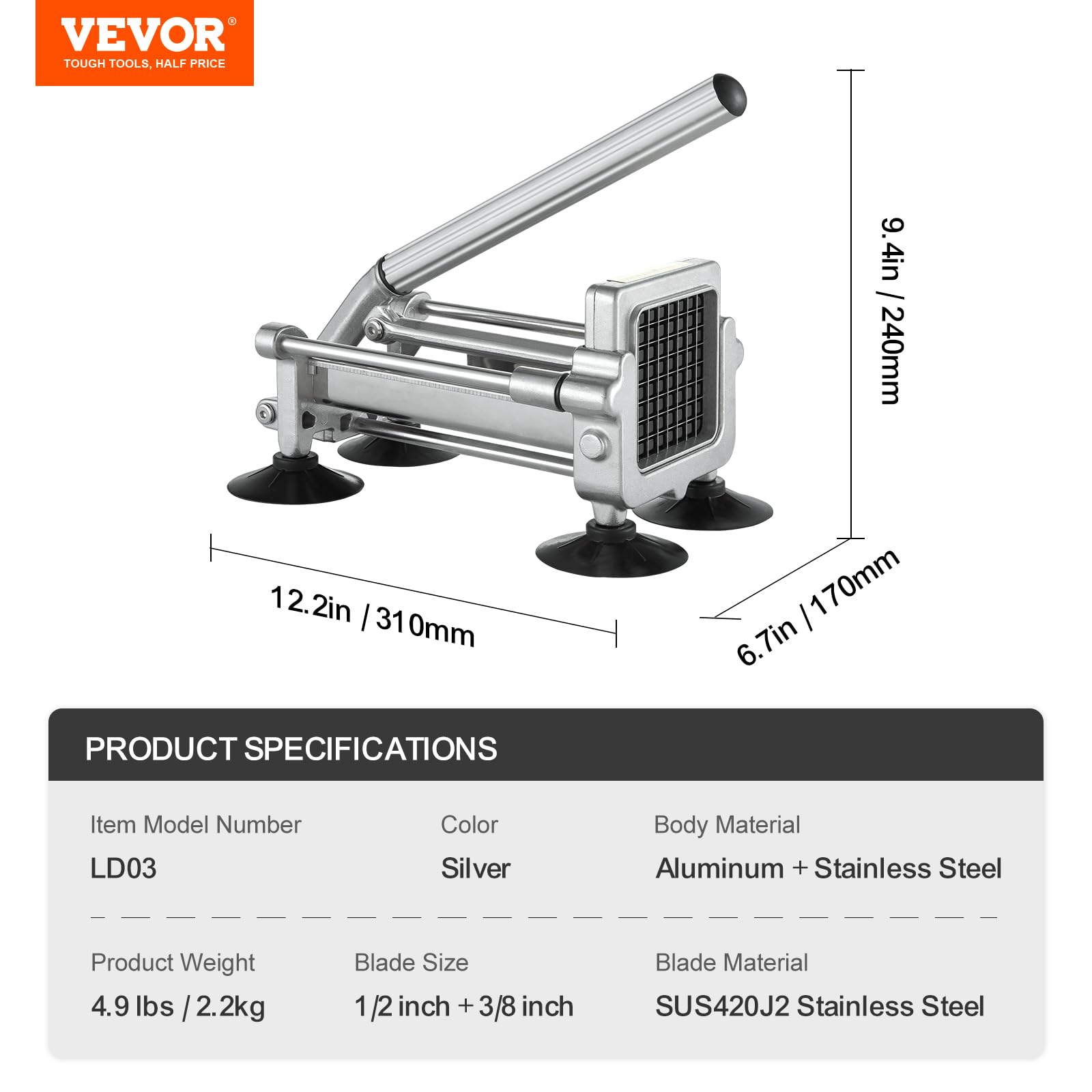VEVOR Pommes-Frites-Schneider, Kartoffelschneider mit 1/2 Zoll & 3/8 Zoll Edelstahlklingen, manueller Kartoffelzerkleinerer mit Saugnäpfen & Griff, ideal für Kartoffeln Pommes Frites Gemüse