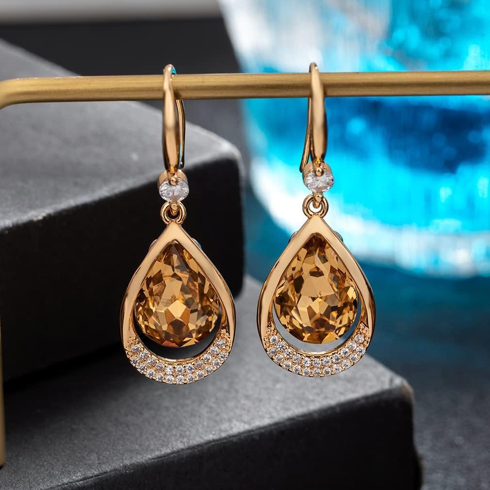 Austrian Crystal Halo Teardrop Hollow Drop Dangle Earrings for Women 14K Rose Gold Plated Hypoallergenic Jewelry Gifts - Image 5