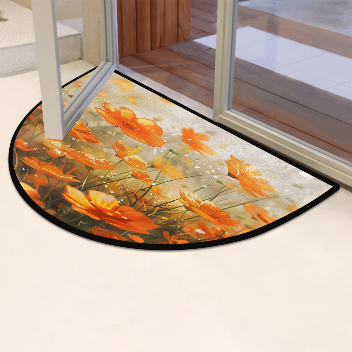 Half Round Door Mat Flower Orange Half Moon Rug Washable Half Circle Area Rugs Indoor Entrance Non Slip Semi Circle Bathroom Rugs Floor Carpet for Kithen Bedroom Fireplace Decor