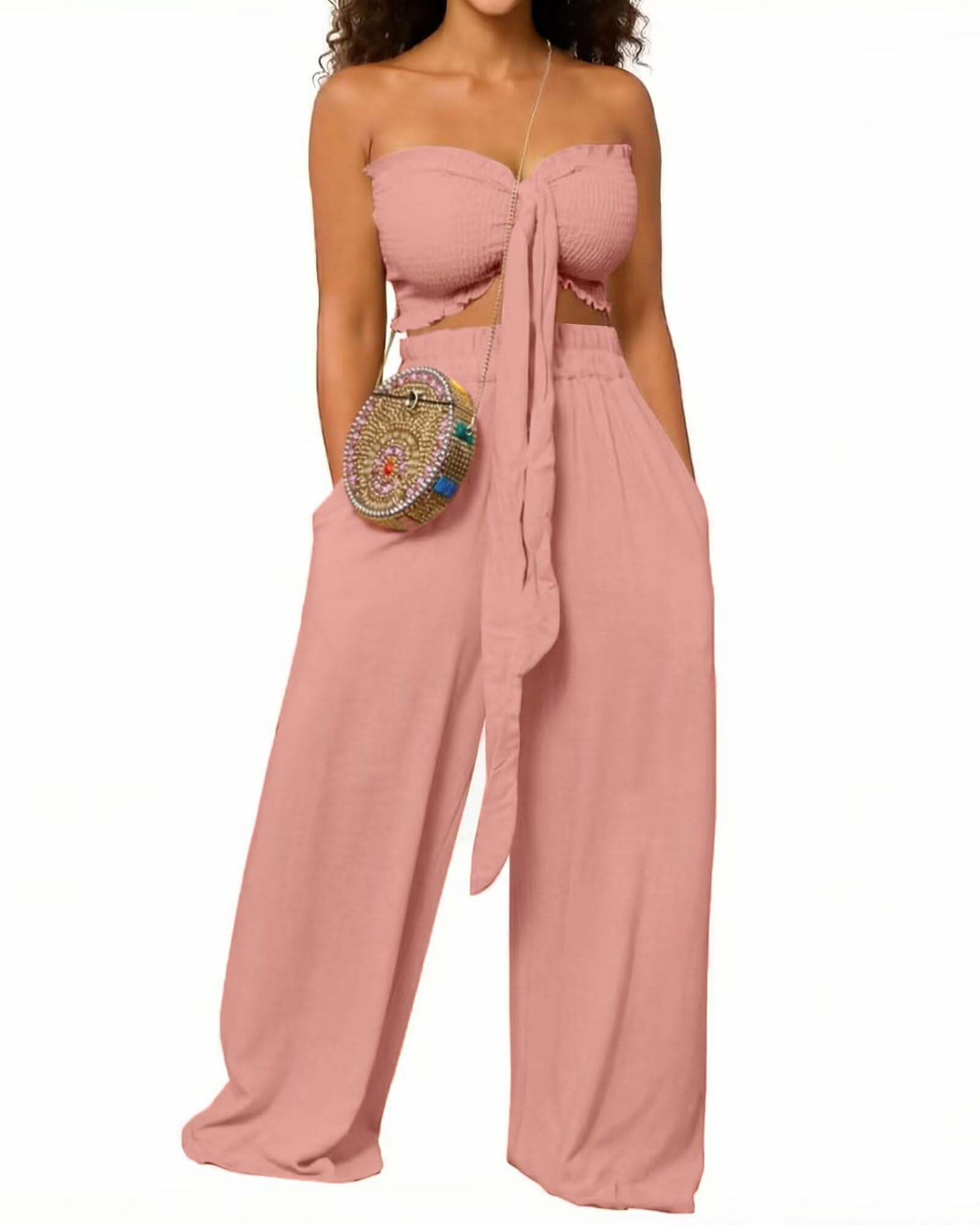 Ophestin Women Two Piece Outfits Knot Front Crop Top Wide Leg Pant Sets