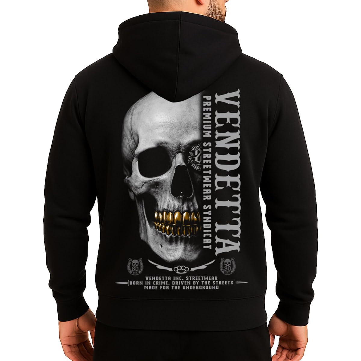 Vendetta Inc. Bluza z kapturem Golden Skull czarna VD-4096 – męska streetwear bluza z kapturem Skull-Print rozmiary M–5XL