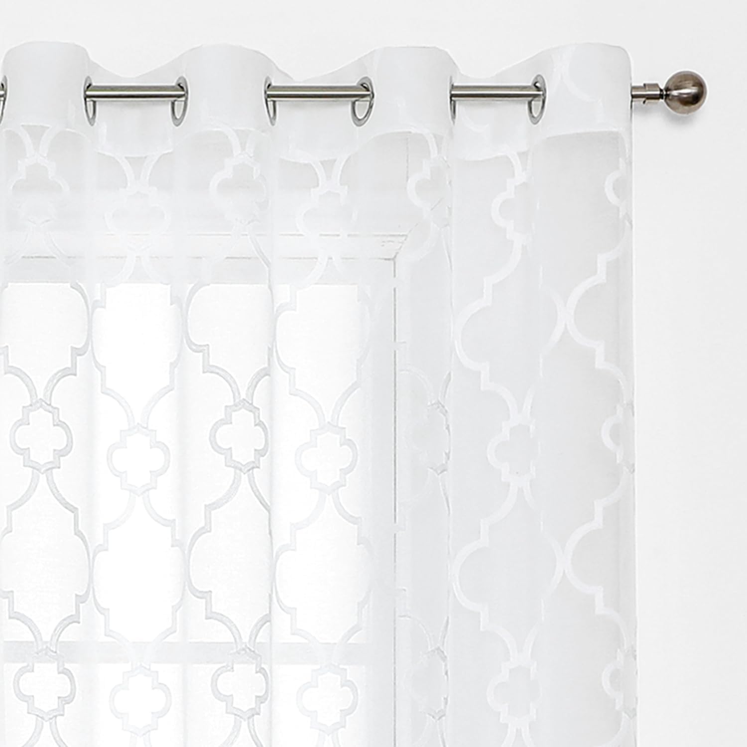 Moroccan Embroidered Semi-Sheer Curtain Drapes for Girls Women Bedroom 52 x 95 inch Linen Textured White Geometric Tile Curtain Set Light Filtering & Privacy Grommet Top Window Curtains 2 Panels