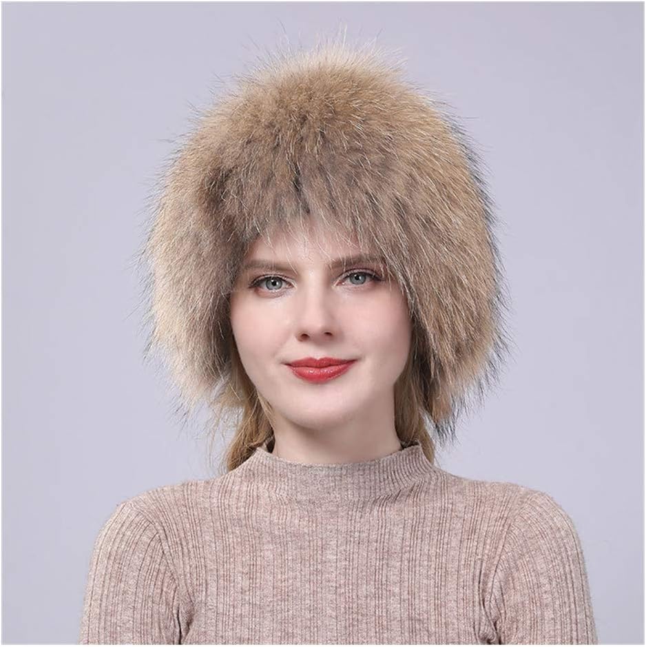 Women's Elasticity Fox Fur Hats Thick Wool Lining, Winter Warm Russian Knitted Hat, Casual Fluffy Aviator Hat Princess Hat Outdoor Windproof Headgear,G