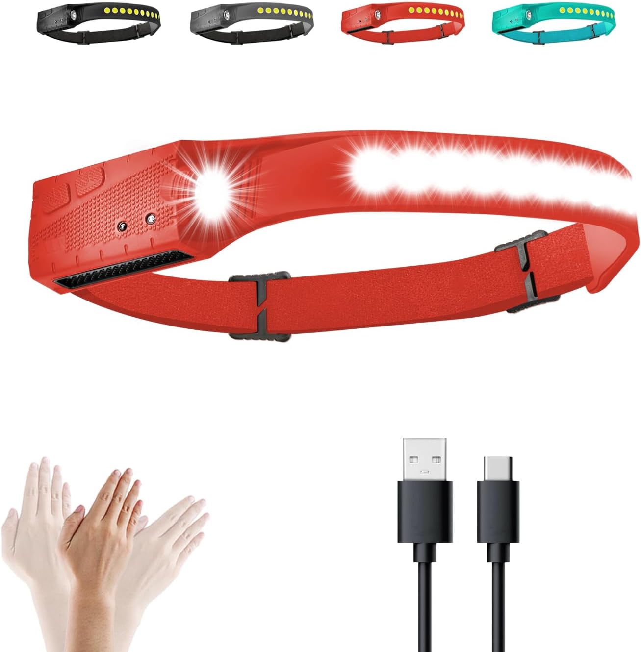 DUODEAN LED Headlamp Rechargeable for Adults, Head Lights for Forehead 600 Lumens 5 Modes Motion Sensor 230°Beam Lightbar, Head Flashlight Camping Hiking Fishing Gear Backpacking Essentials (Red)