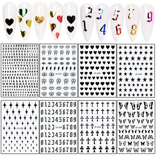 8 Sheets Black Nail Art Stickers, 3D Geometry Nail Transfer Decals, Butterfly Heart Letters Numbers Stars Cross Eyes Nail Self-Adhesive Sticker Design For Women Girls Manicure Charms Decorations #TOP6