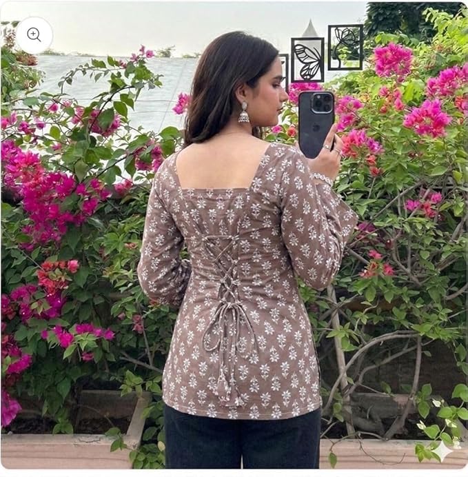 Image of Women Rayon Printed Top | Bell Sleeve Kurti for Women | Stylish Side Slit Square Neck Top | Casual & Ethnic Wear