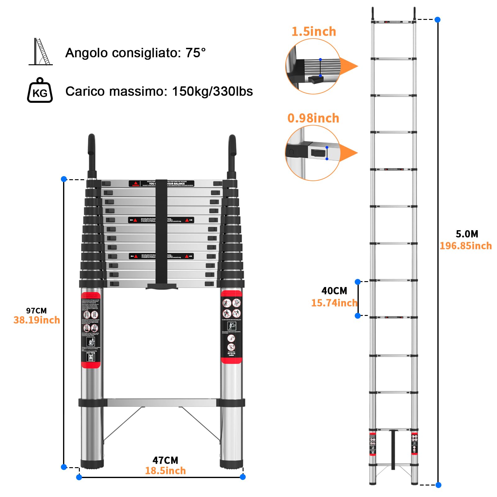Scala Telescopica 5 Metri con Gancio, Scala Pieghevole Portatile con Piedini Antiscivolo, Estensibile & Altezza Regolabili, Scale Allungabile per Casa, Giardino, Coperture e Camper