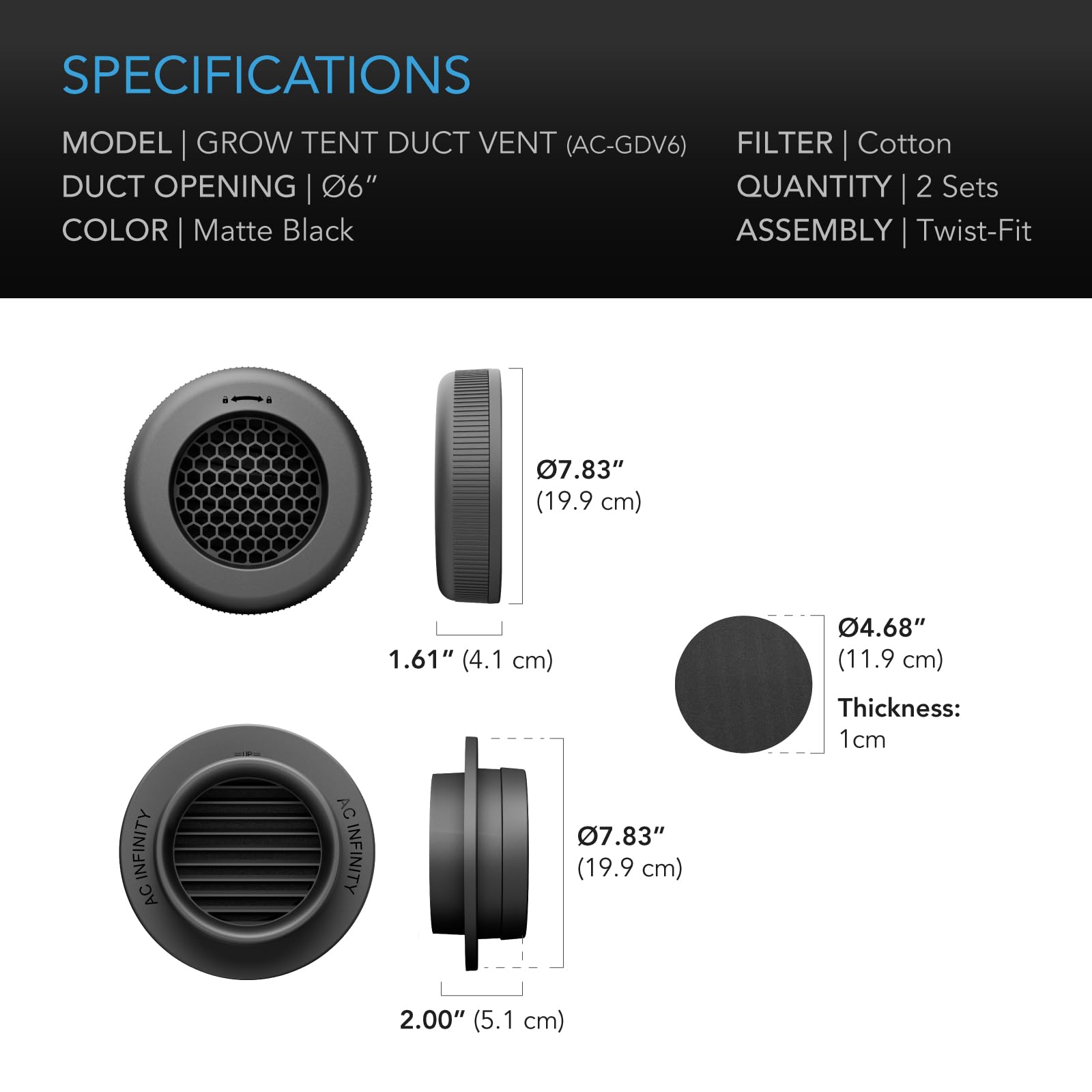 AC Infinity Lot de 2 conduits d'aération pour tente de culture, bloquant la lumière avec adaptateur intégré, filtre à insectes et à poussière, flux d'air élevé, compatible avec les ports de conduit