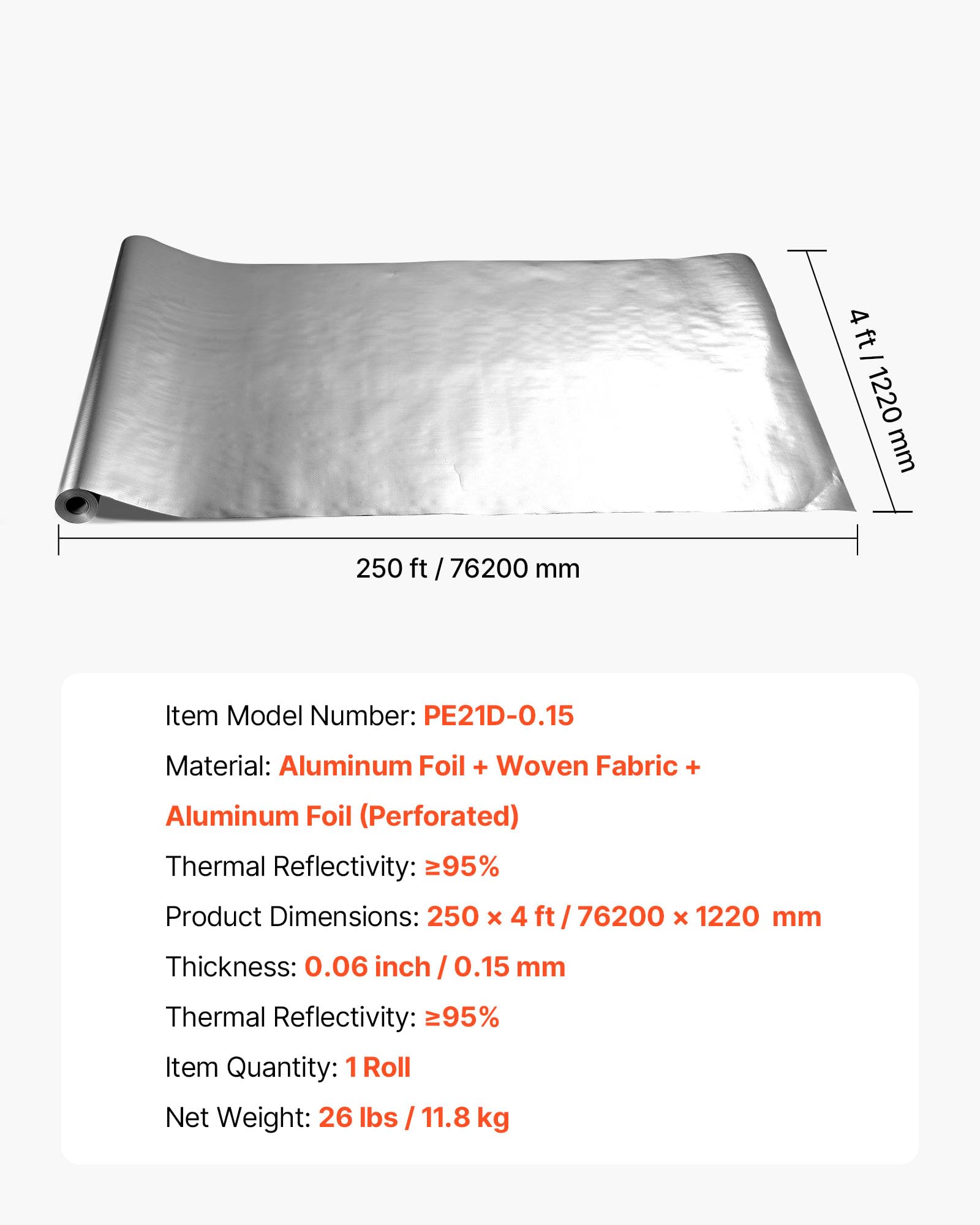 VEVOR Rollo de Aislamiento Reflectante Doble, Barrera Radiante de Tejido Perforado, 76,2 m x 1,22 m x 0,15 mm, Lámina de Aluminio de Doble Cara, para Ventanas y Techos de Autocaravanas, Plata