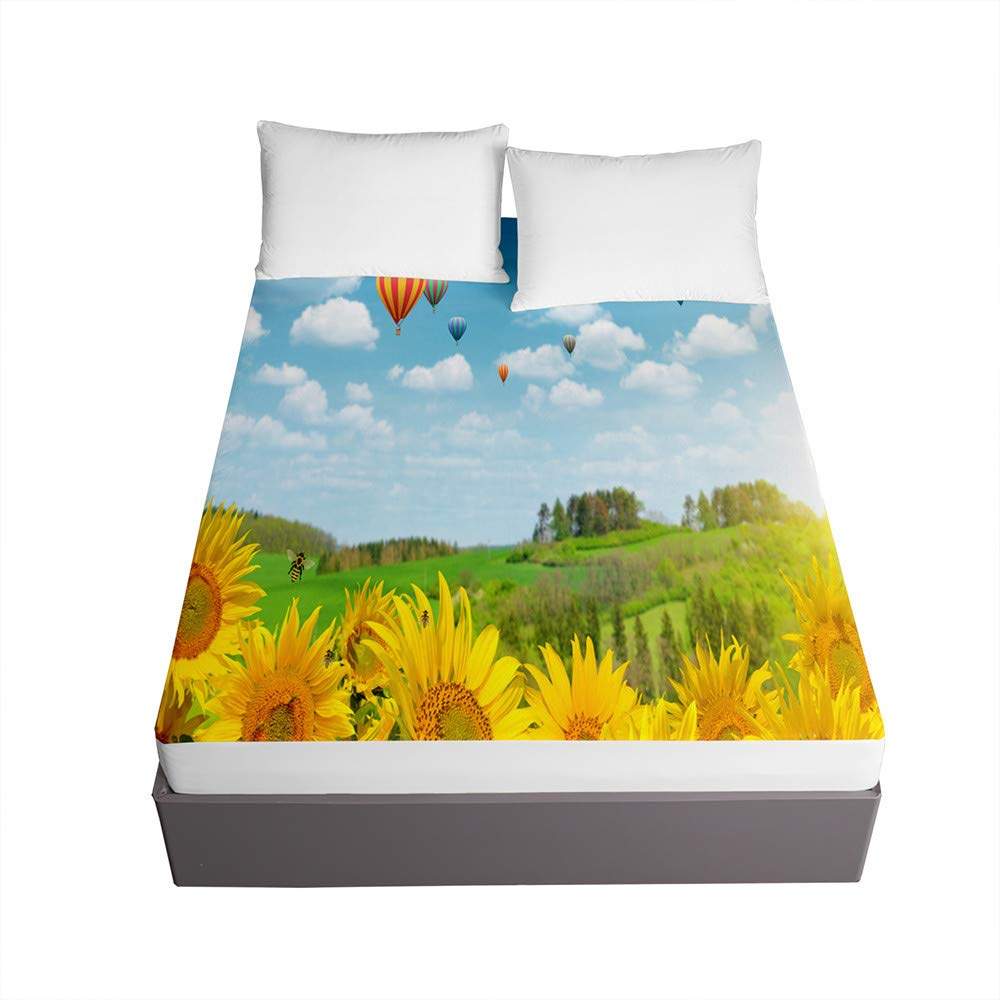 Drap housse en microfibre imprimé floral pour lit une place verte