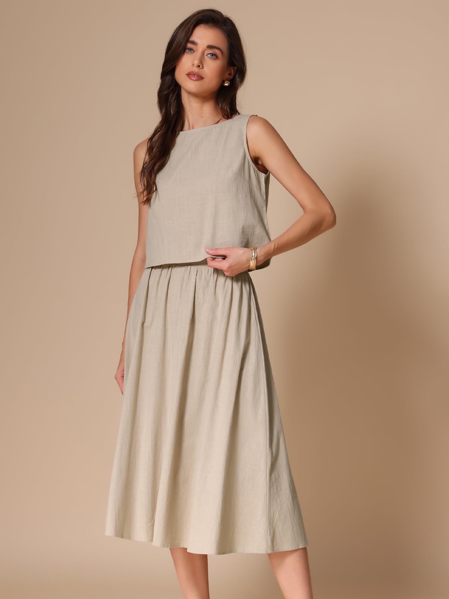 Allegra K Completo da donna in 2 pezzi senza maniche con top corto e gonna midi | Scollo rotondo, senza maniche, pullover crop canotta a vita alta, linea A, elastico in vita, gonna midi casual