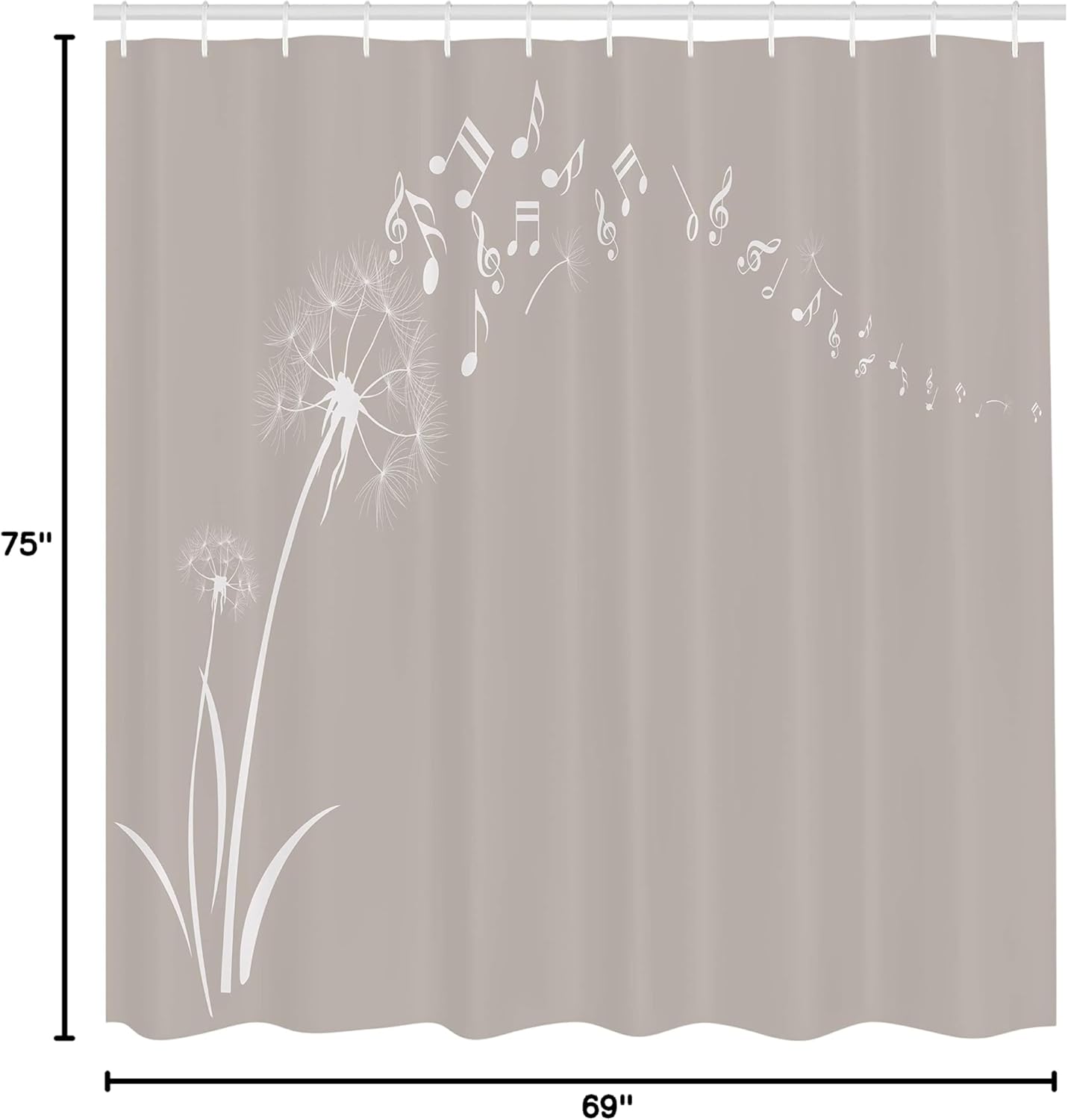 Ambesonne Music Shower Curtain, Flying Dandelions Notes Summer Spring Meadow Silhouette Softness Simple Print, Cloth Fabric Bathroom Decor Set with Hooks, 69" W x 75" L, Pale Sepia