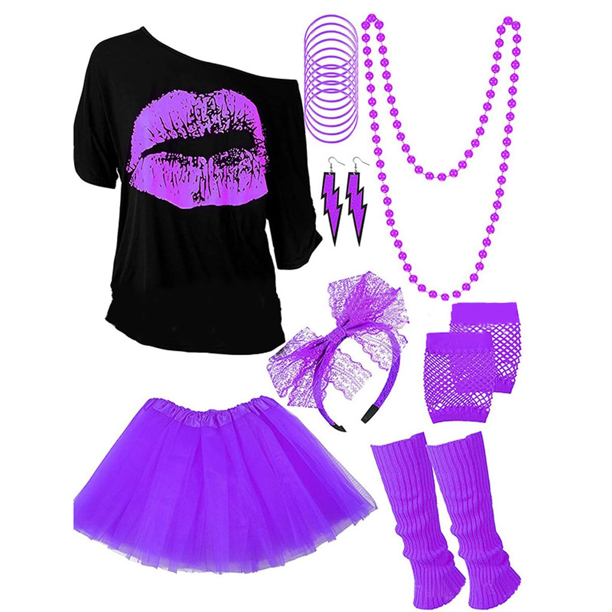 IDOTTA 80s Fancy Dress Costume Accessories Set,1980s T-Shirt Skirt Tutu Headband Gloves Earring Necklace Leg Warmers for Women Girls Party Retro Dress up
