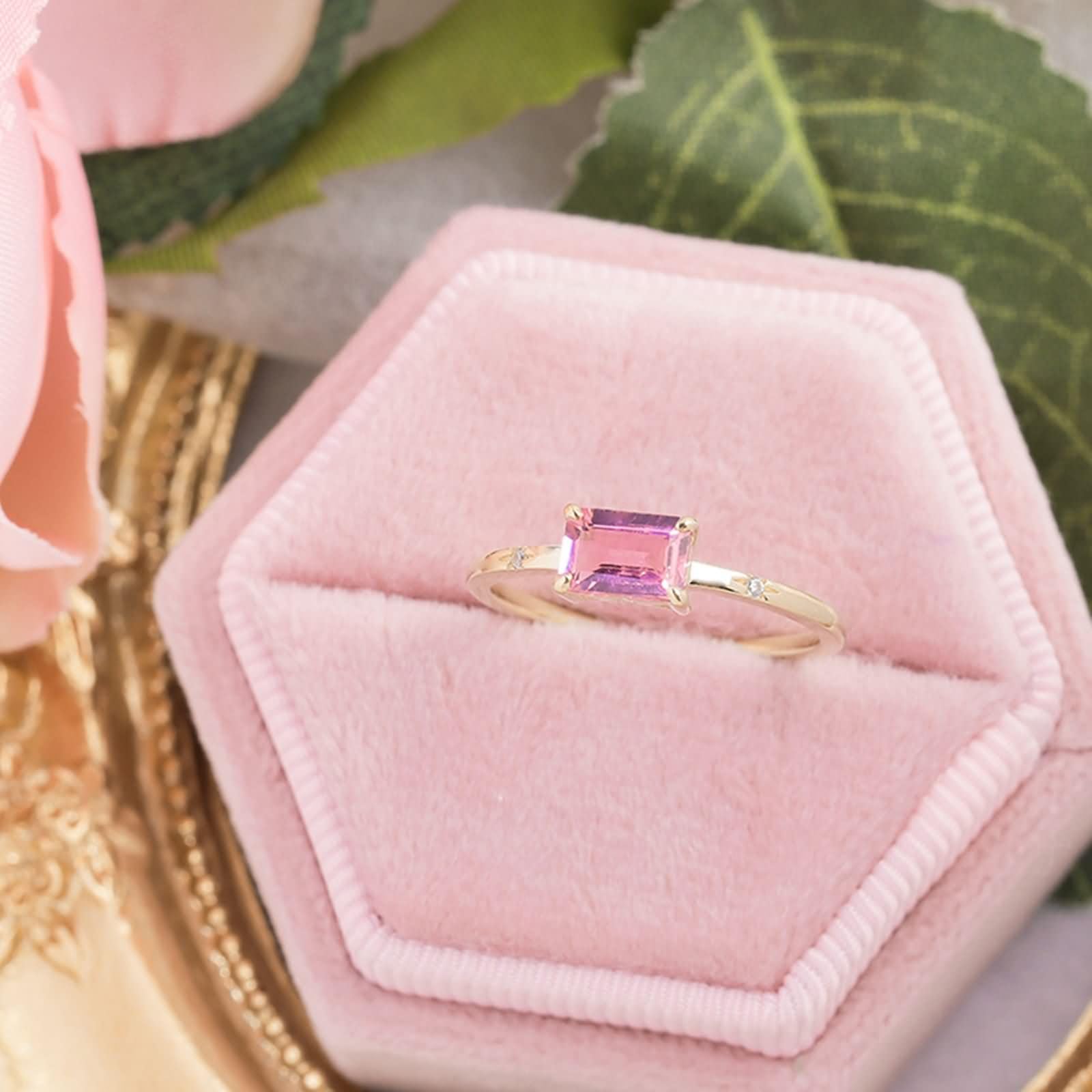 Anillos de Compromiso de Mujer Rectángulo con Turmalina Creada y Moissanita, Anillo de Matrimonio Oro Amarillo 9K/14K/18K de Mujer, Oro