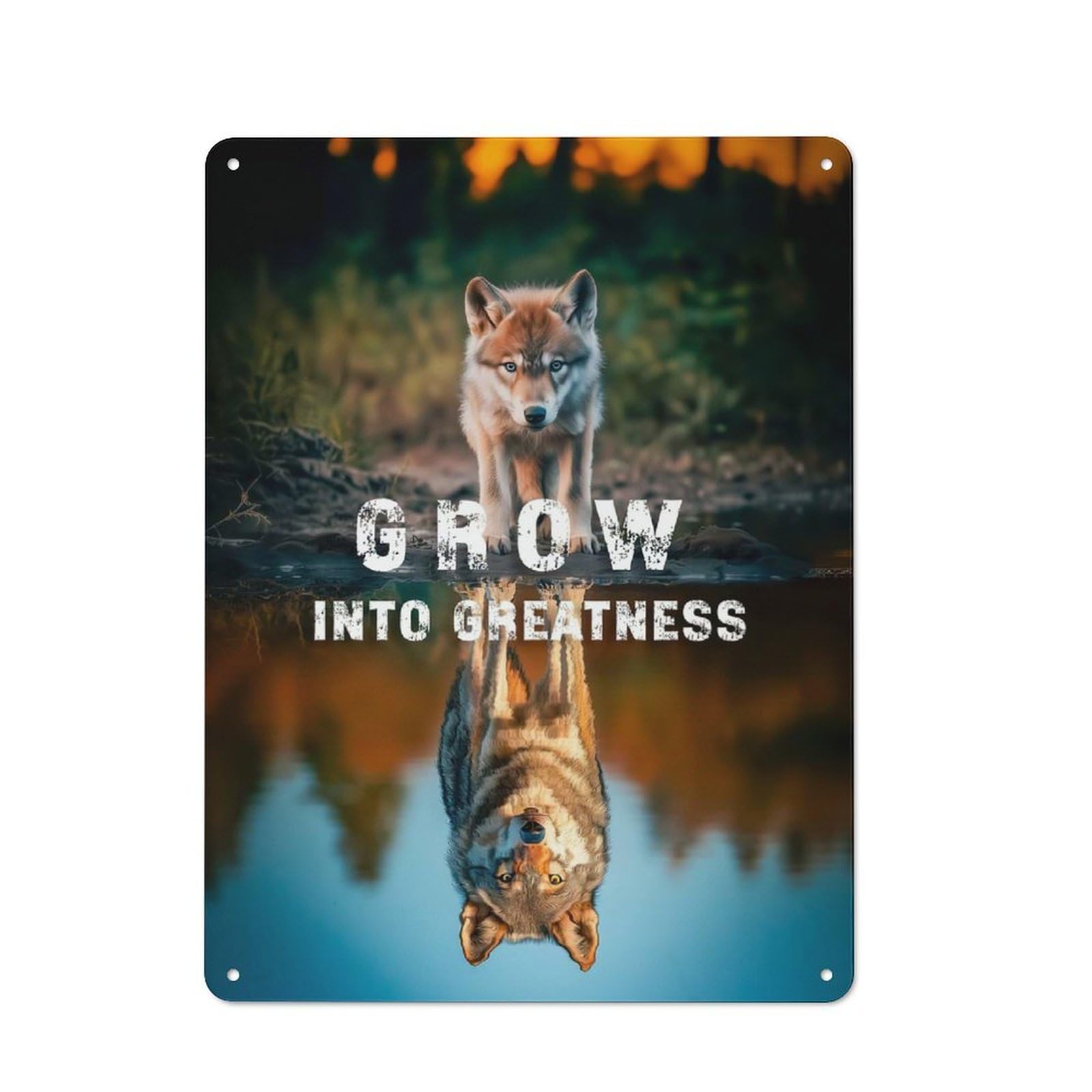 Wolf Reflection - Grow Into Greatness Understated Metal Wall Decor 40x30cm, Decorative Metal Sign for Workspace, Cafe, Shop Or Desk Area