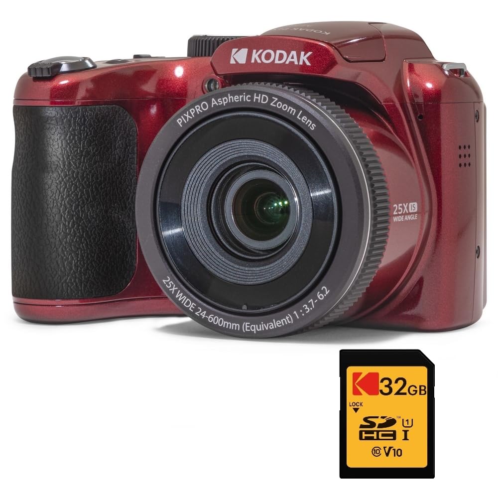 KODAK Pixpro Astro Zoom AZ255 + Scheda di memoria SD da 32 GB - Fotocamera Bridge Digitale 16 MP, Zoom 25X, Video HD 1080p, grandangolare 24 mm, schermo LCD 3, batteria AA - Rosso