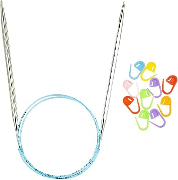 addi Rocket 2 Squared Ergonomic 32-inch 80cm US 9 5.5mm Circular Knitting Needle, Textured Finish, Rounded Edges, Long Taper Sharp Tips, Blue Cord with 10 Colorful Stitch Markers
