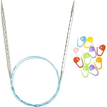 addi Rocket 2 Squared Ergonomic 32-inch 80cm US 9 5.5mm Circular Knitting Needle, Textured Finish, Rounded Edges, Long Taper Sharp Tips, Blue Cord with 10 Colorful Stitch Markers