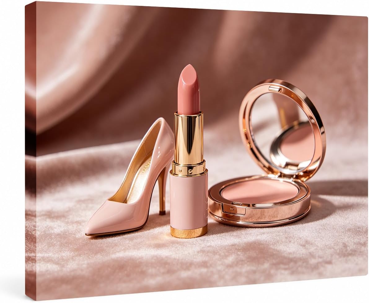 Blush Beauty Wall Art, Lipstick High Heel Makeup Poster, Feminine Glam Decor for Vanity Bedroom Bathroom Closet Salon 24x36in Wood Frame