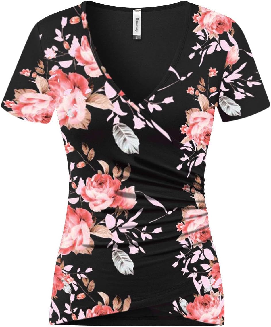 Beauhuty Women’s Top Deep V Neck Slim Fitted T-Shirt Front Wrap Ruched Short Sleeve Tee