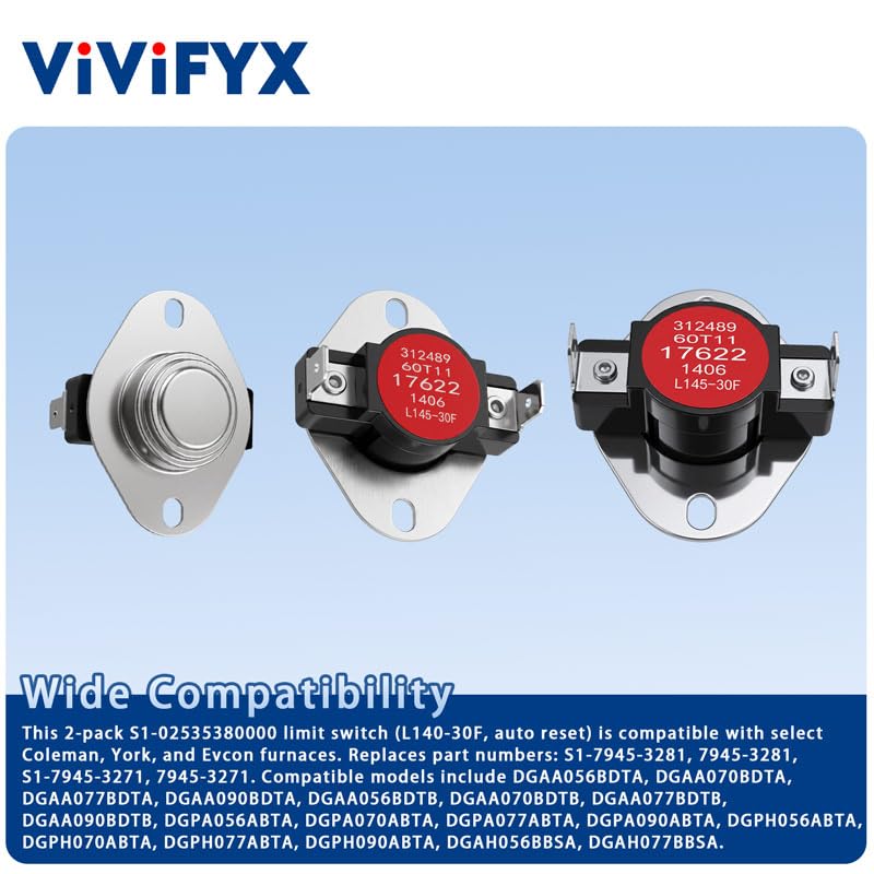 2 Pack S1-02535380000 Furnace Limit Switch, L140-30F Auto Reset, for York Coleman Evcon, Replace S1-7945-3281 S1-7945-3271