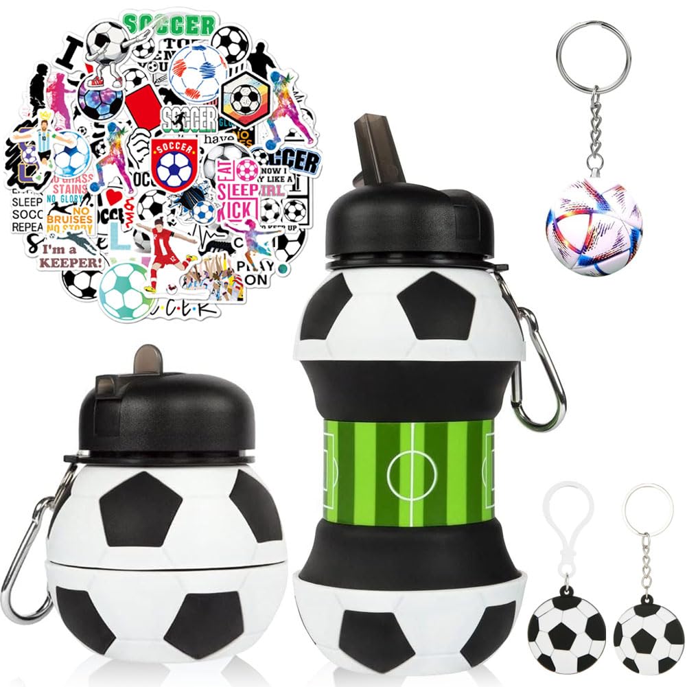OPVXZAD Football Water Bottle, 550 ml, Silicone Water Bottle, Football Keyring, Bath Towel Beach, 75 x 150 cm, Gift Set for Boys, Adults, Sports Lovers (A)